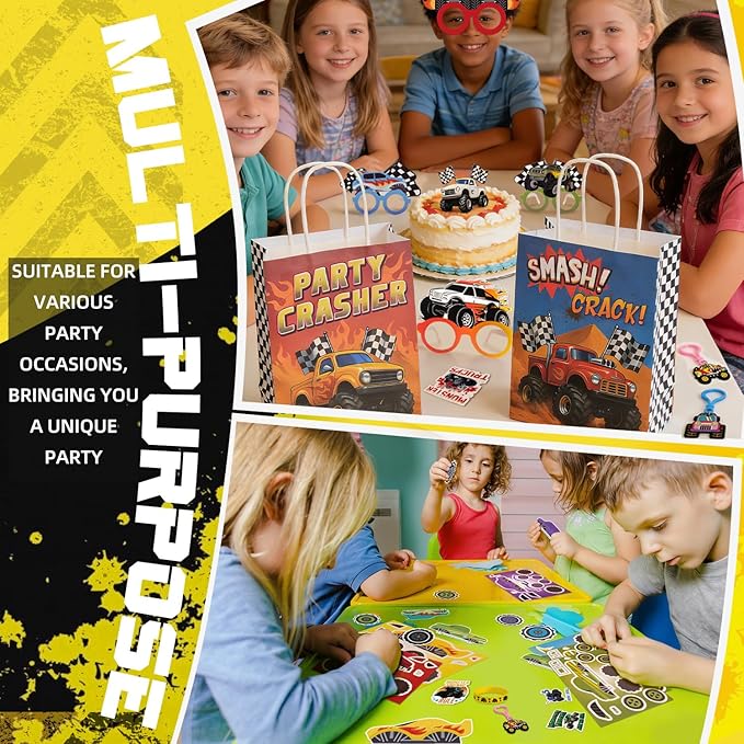 122 Pcs Monster Truck Party Favors, Truck Birthday Party Supplies Include Goodie Bags, Bracelets, Keychains, Stickers, Paper Glasses, Off-Road Racing Theme Pinata Fillers Classroom Rewards