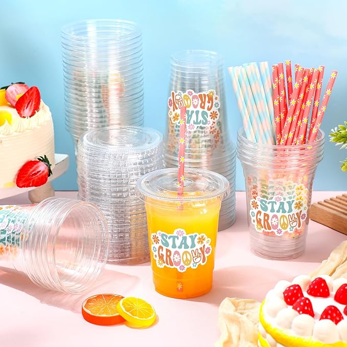 Yungyan 50 Sets Groovy Theme Party Plastic Cups with Lids and Straws 16 oz Coffee Juice Drinking Cups for Birthday Baby Shower Party Supplies