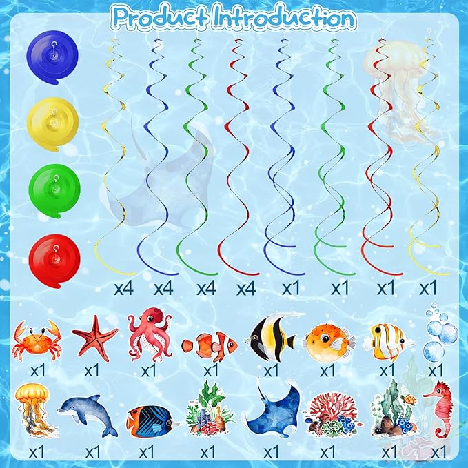 36Pcs Sea Animals Tropical Fish Hanging Swirl Under The Sea Party Birthday Decor Ocean Themed Party Swirls Streamers Supplies for Boys Girls Kids Mermaid Creatures Baby Shower Decorations