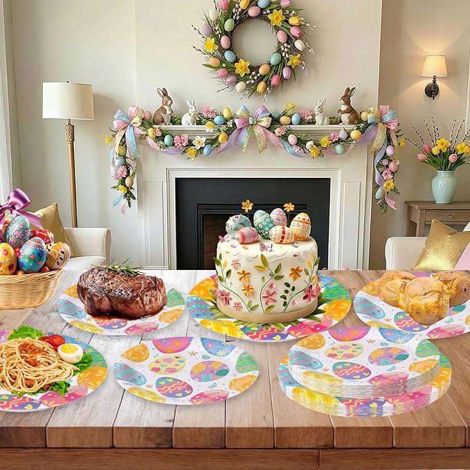 24 Pcs Happy Easter Paper Plates - Cute Round Spring Easter Plates, Colorful Eggs Dinner Dessert Plate Disposable Dinnerware Set for Spring Holiday Easters Party Table Decorations Supplies Favors