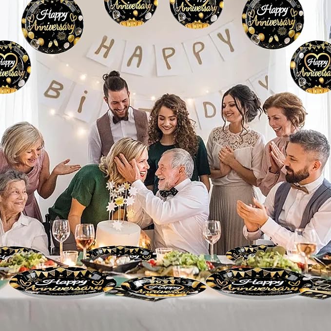 96 Pcs Happy Anniversary Decorations Disposable Black and Gold Anniversary Party Paper Plates and Napkins Tableware Set Wedding anniversary Party Supplies for 40th 50th 60th Wedding Favors 24 Guests