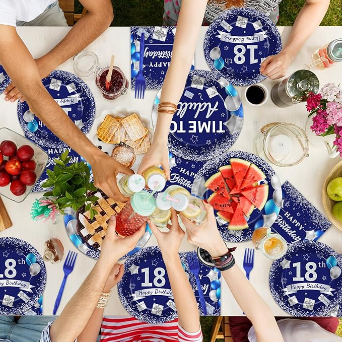 96 Pcs 18th Birthday Party Plates and Napkins Party Supplies Time To Adult 18 Years Old Plates Birthday Tableware Set Blue Silver Happy 18th Decorations Favors for Boys Girls Serves 24