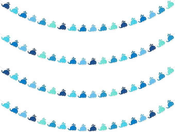 WATINC 4pcs Whale Felt Garland Under the Sea Party Decorations, Blue Fish Hanging Bunting Ornament, Summer Ocean Fishing Themed Party Banner Supplies, Baby Shower Birthday Decor for Wall Backdrop