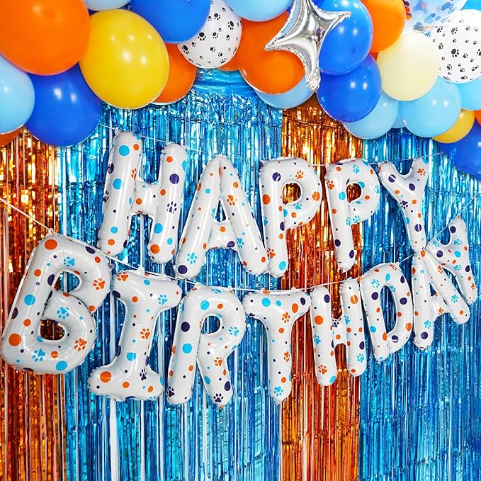 YIIHMEI Cartoon Dog Paw Print White Happy Birthday Banner Party Decorations Balloons with Blue Orange Wave Point Style Letters Signs Party Supplies for Kid's