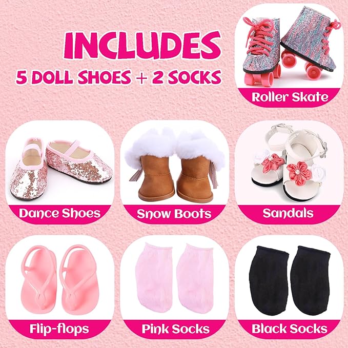 18 inch Doll Accessories, 5 Pairs of Doll Shoes+2 Socks 18” Doll Shoes Includes Snow Boots/Roller Skates/Sandals/Flip-Flops/Dance Shoes/Pink/Black Socks for American Doll Boy or Girl Dolls