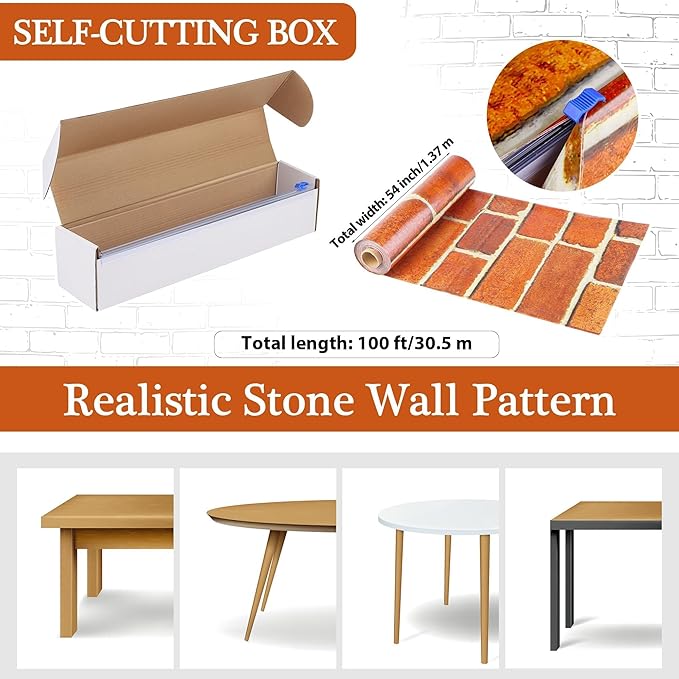 Kochorie 100 Ft x 54 Inch Retro Red Brick Wall Backdrop Tablecloth Roll with Cutter Box Disposable Vintage Stone Brick Door Wallpaper Tablecover for Christmas Halloween Birthday Party Decorations