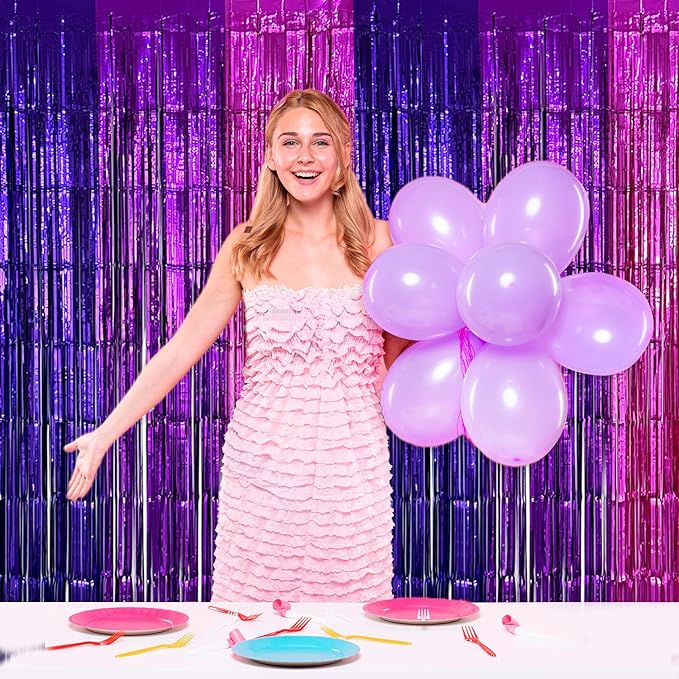 4 Pack Purple Pink Foil Fringe Curtains Streamers Backdrop for Music Themed Party Decorations, Girls Butterfly Birthday Party Decorations Supplies