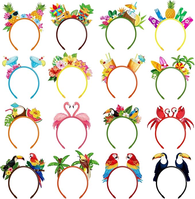 Capoda 32 Pcs Hawaiian Party Headband Felt Luau Head Boppers Tiki Aloha Boppers for Tropical Summer Beach Party Favors Supplies