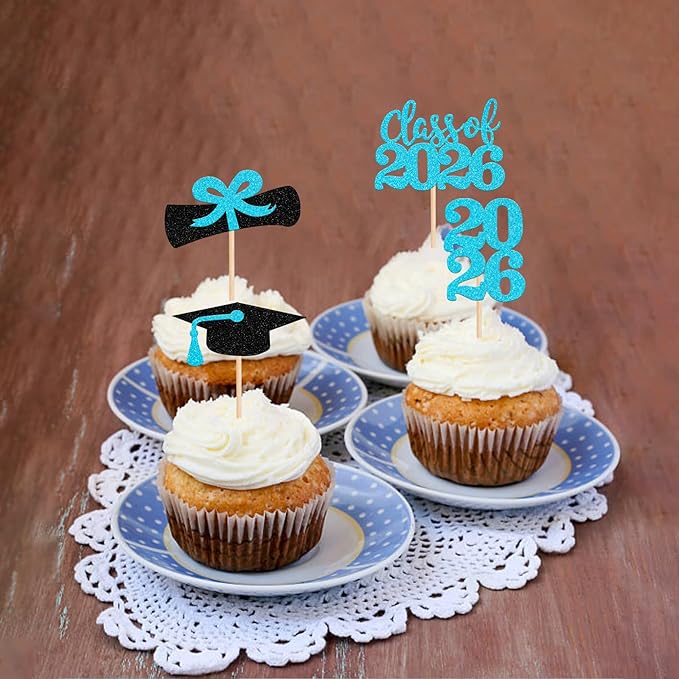36 PCS 2026 Graduation Theme Cupcake Toppers Glitter Class of 2026 Graduation Cap Diploma Cupcake Picks 2026 Graduate Theme Party Cake Decorations Supplies Lake Blue