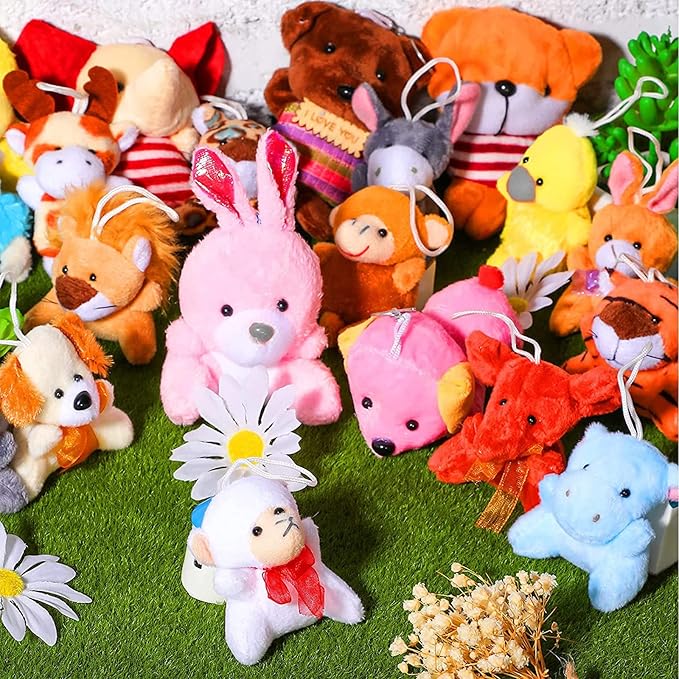 Skylety 50 Pcs Mini Stuffed Animals Bulk Cute Safari Jungle Small Plush Doll Toy Set Tiny Plush Keychain Decoration for Easter Party Favor Gift Carnival Classroom Prize(Cartoon Animals,Bright Color)