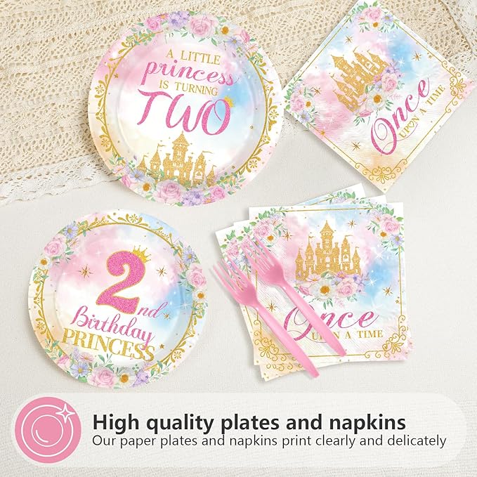 96Pcs Princess 2nd Birthday Party Decorations for Girls A Little Princess Is Turning Two Plates and Napkins Sets Pink Castle Once Upon a Time Decoration for Two Year Old Bday Party Supplies Serves 24
