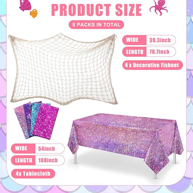 Unittype 8 Pcs Fish Net Decorative and Tablecloth Set, Cotton Fishnet and Plastic Table Cover Decorations Set for Nautical Themed Party Baby Shower Pirate Decorations Mermaid Party (Laser Colors)
