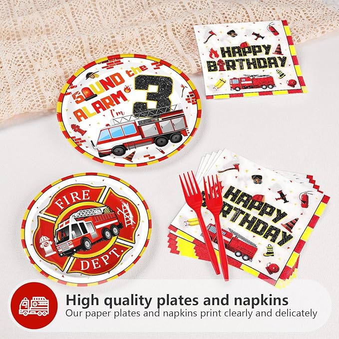 96Pcs Fire Truck 3rd Birthday Decorations Firefighter 3rd Birthday Plates and Napkins Tableware Sets Sound the Alarm Party Decorations for Boys Firetruck Fireman 3 Years Old Party Supplies Serve 24
