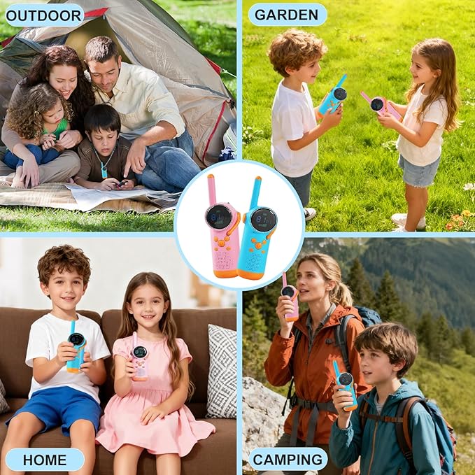 KOOMTOOM Walkie Talkies for Kids,2 Pack Rechargeable Walkies Talkies with LCD Flashlight & Alarm Clock,3 Miles Long Range for Boys and Girls(Blue+Pink)