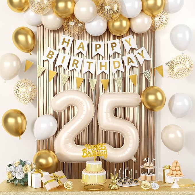 25th Happy Birthday Decorations, Sand White Birthday Decorations With Cream White 25 Number Balloons Beige Latex Helium Balloon Champagne Fringe Curtain Cake Topper Banner For 25th Party Supplies