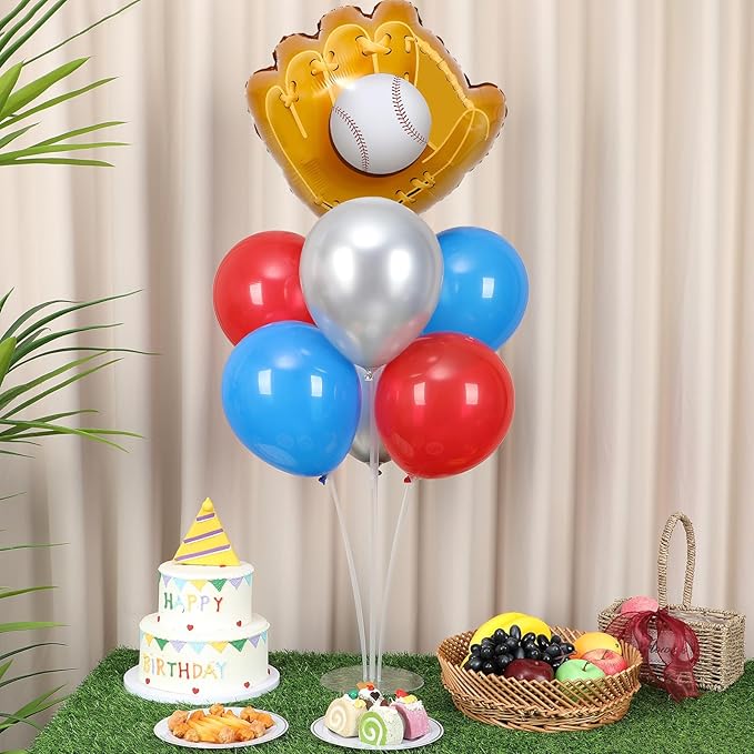 Baseball party Balloons Stand Kit 2 Sets with 2 Baseball Glove Foil Balloons Red Blue Silver Themed Party Balloon Centerpiece for Tables for Men Boys Game Sports Rookie Year 1st Birthday decorations