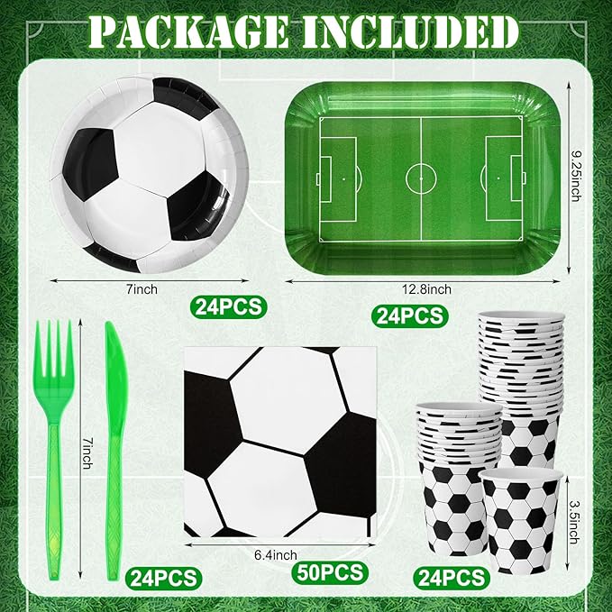 144 Pcs Soccer Party Supplies Set Serves 24 Soccer Birthday Party Decorations Disposable Serving Trays Paper Plates and Napkins Cup Fork Knife Dinnerware for Sports Theme Birthday Decoration