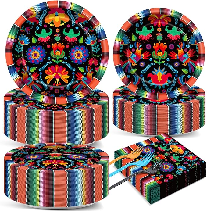 50 Guests Mexican Fiesta Plates and Napkins Party Supplies Mayo Datura Flower Party Decorations Disposable Tableware Set Day of The Dead Dinnerware Favor for Pinata Taco Theme Decor, 200PCS