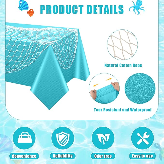 Unittype 6 Pcs Fish Net Decorative and Tablecloth Set, Cotton Fishnet and Plastic Table Cover Decorations Set for Nautical Themed Party Baby Shower Pirate Decorations Mermaid Party(Turquoise)