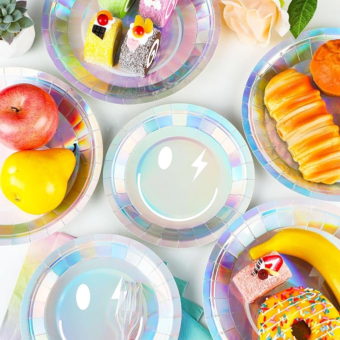 96Pcs Iridescent Party Supplies Smile Face Paper Plates Napkins Holographic Foil Laser Party Tableware Set Holographic Dinnerware for Birthday Baby Shower Decoration Serve 24