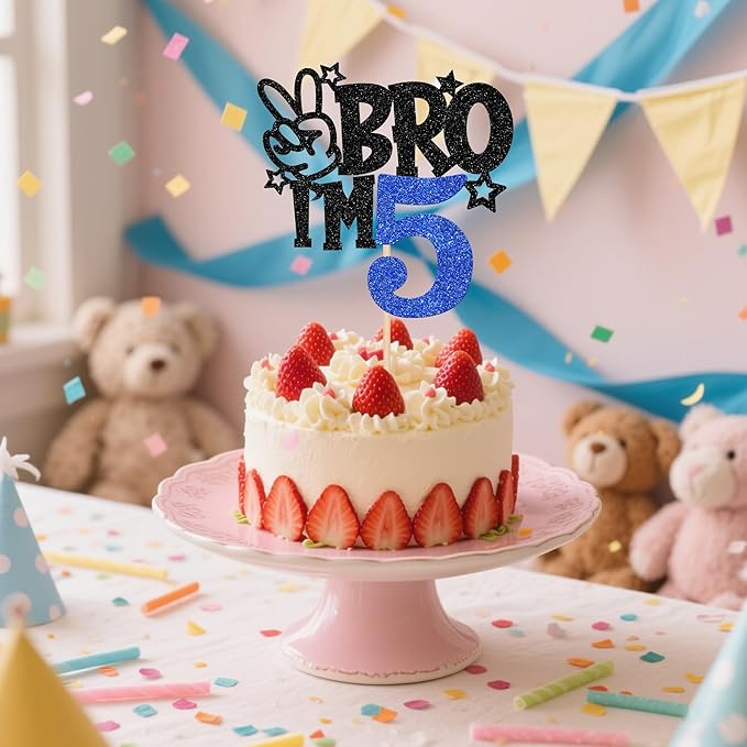 1 PCS Brother I'm 5 Cake Topper Glitter Star Happy 5th Birthday Cake Pick Bro I'm 5 Cake Decoration It's My 5th Birthday Decorations for Boys Cheers to 5 Years Old Birthday Party Supplies Blue