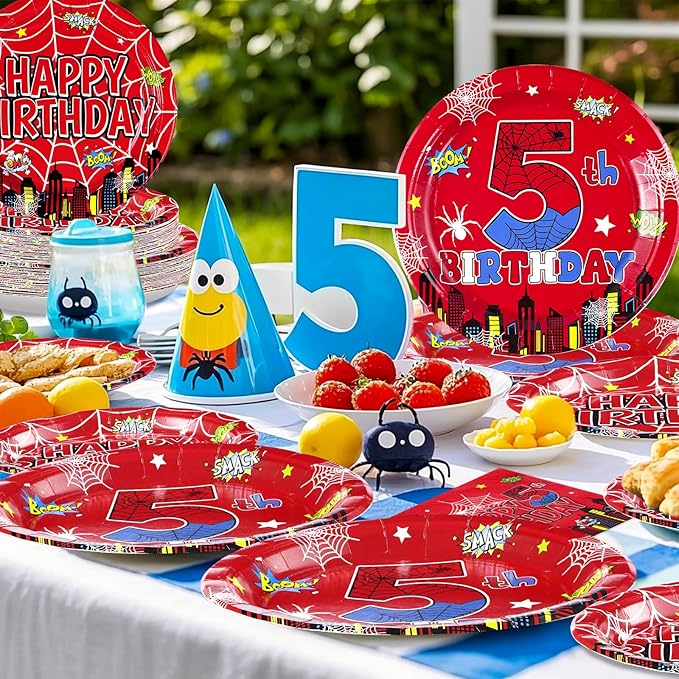 Grencian 96Pcs Cartoon Spider Birthday Party Decorations Red Blue Spider 5th Birthday Party Plates Disposable Super Theme Paper Tableware Set for Spider Kids 5 Year Old Supplies, Serves 24