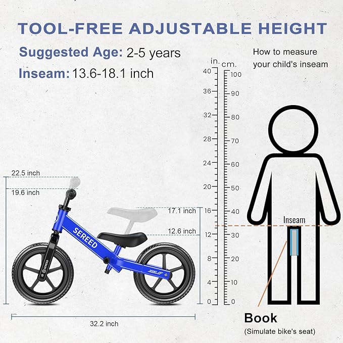 SEREED Toddler Balance Bike 2 Year Old, No Pedal Kids Toy Bike for 2-5 Years Old, Tool-Free Adjustment, Gift for 2-3 Boys Girls, Customize Plate with 3pcs Stickers (Blue)