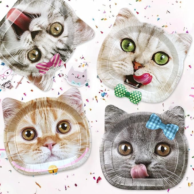 60 Pcs Real Cat Birthday Party Paper Plates, Cute Cat Pattern Plates for Pet Birthday Decorations Cat Theme Party Supplies Baby Shower