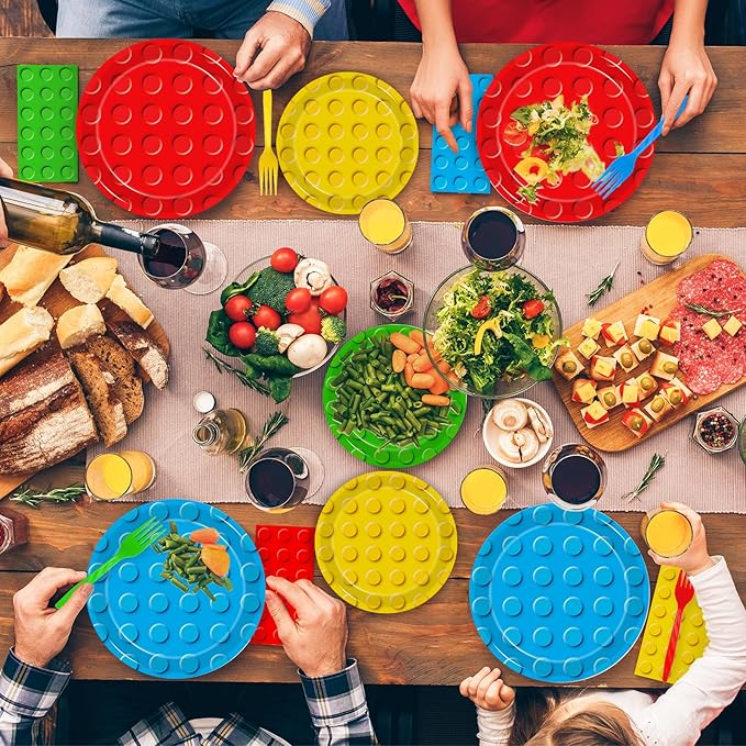 96 Pcs Building Block Party Supplies, Building Bricks Plates and Napkins Set Building Block Themed Dinnerware for Birthday Party Decorations, Serves 24