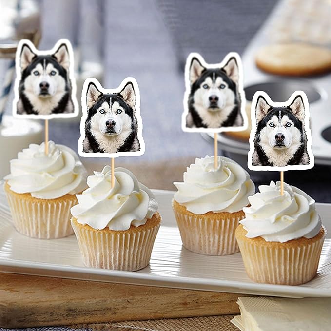 Ercadio 24 Pcs Pet Dog Puppy Cupcake Toppers Dog Themed Birthday Party Supplies Cute Huskies Puppy Birthday Party Baby Shower Party Cake Decorations