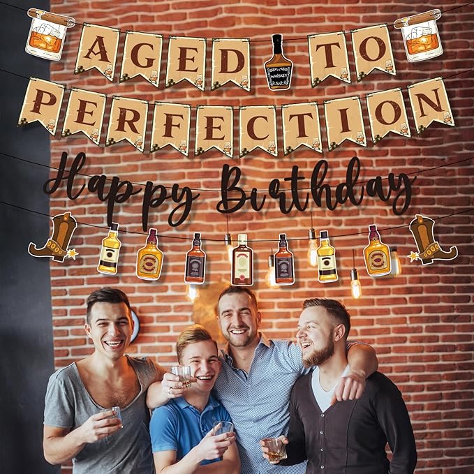 Aged to Perfection Birthday Decorations - Birthday Decorations for Men Whiskey Banners Beer Party Supplies Over the Hill 40th 50th 60th Bday Party Decor