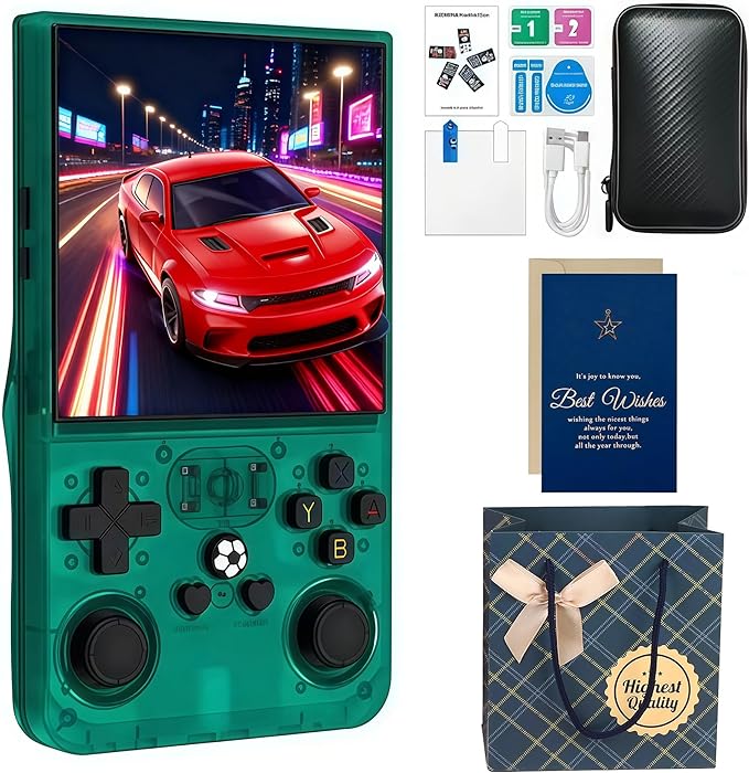 MYCHA R36MAX Retro Handheld Game Console Christmas Set with Gift Card & Bag,4 inch HD IPS Screen 128GB 21000+Classic Games,Portable Gift for Gamer (Green Set)