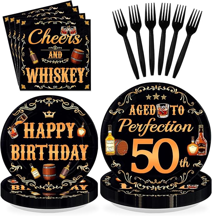 96 Pcs Whiskey 50th Birthday Party Supplies Aged To Perfection 50th Plates and Napkins Disposable Cheers and Whiskey Tableware Set for Men Vintage 50 Years Old Birthday Party Decorations Serves 24