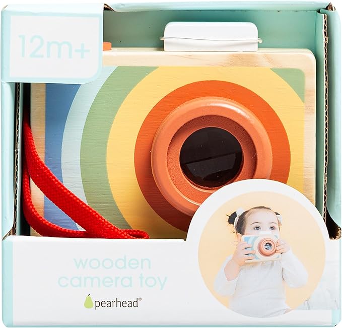 Pearhead Wooden Kaleidoscope Camera Toy, Montessori Pretend Play Camera with Click Button and Soft Strap, Creative Learning for Toddlers 12m+, Easter Basket Gift