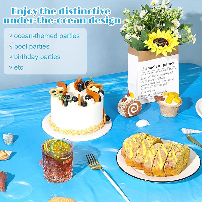 Kochorie 54 Inch x 100 Ft Ocean Waves Plastic Tablecloth Roll in Slide Cutter Box Under the Sea Table Cover Blue Water Print Backdrop Bulletin Board Plastic Roll for Beach Pool Birthday Party Decor