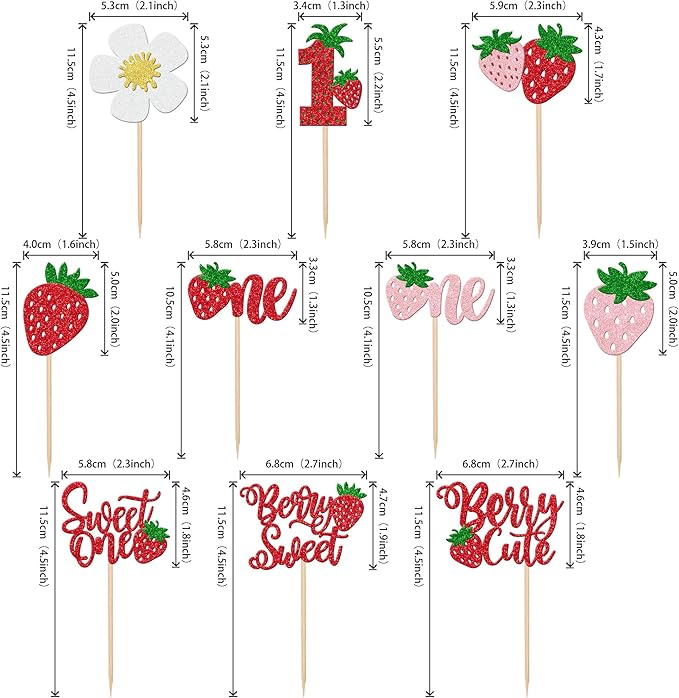 30 PCS Sweet One Strawberry Cupcake Toppers Glitter Sweet Berry 1st Birthday Cupcake Picks Strawberry Birthday Decorations for Baby Shower Kids First Birthday Party Cake Decorations Supplies