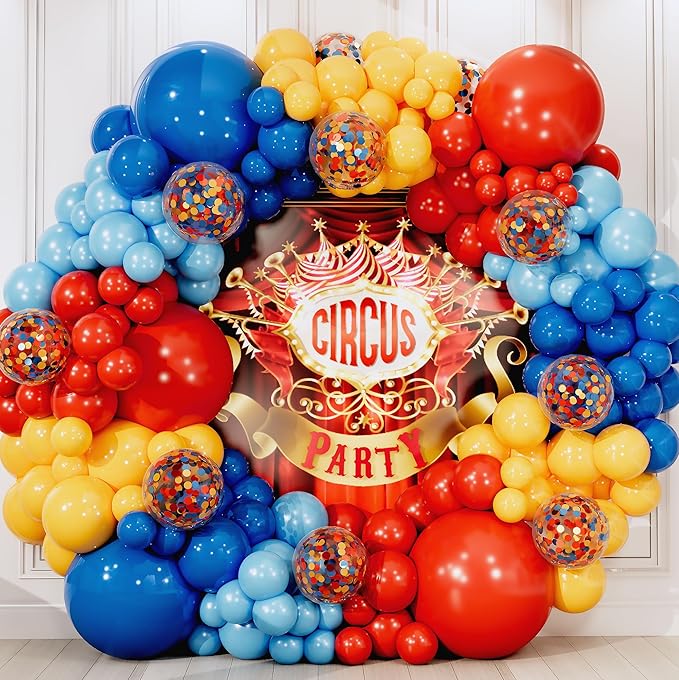 ALL-IN-1 Circus Balloons Arch Kit & Garland for Carnival Party Decorations Theme – Primary Color Balloons in Red Blue Yellow & Rainbow Confetti – Baby Shower Circus Birthday Party Supplies