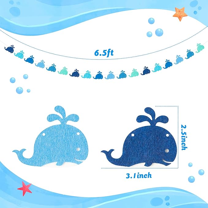 WATINC 4pcs Whale Felt Garland Under the Sea Party Decorations, Blue Fish Hanging Bunting Ornament, Summer Ocean Fishing Themed Party Banner Supplies, Baby Shower Birthday Decor for Wall Backdrop