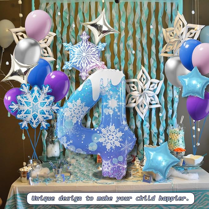 40 Inch Frozen Balloons number 4 Birthday Balloon,2 Giant snowflake foil balloons, 2 blue and silver star foil balloons Frozen Theme Party Supplies Winter Party Decoration For Girl's Birthday