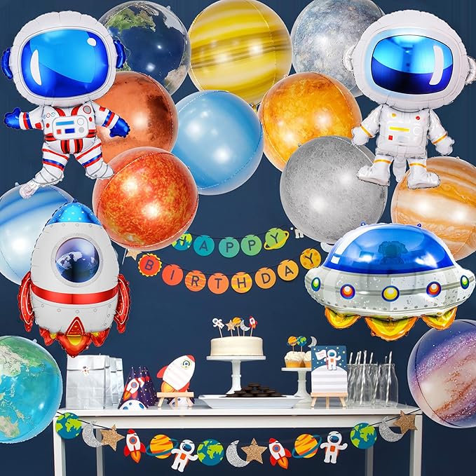 16 Pieces Galaxy Space Balloons - Large Outer Themed Decorations Rocket Spaceship Astronaut Planet Foil Balloons for Kids Birthday Baby Shower Party Supplies