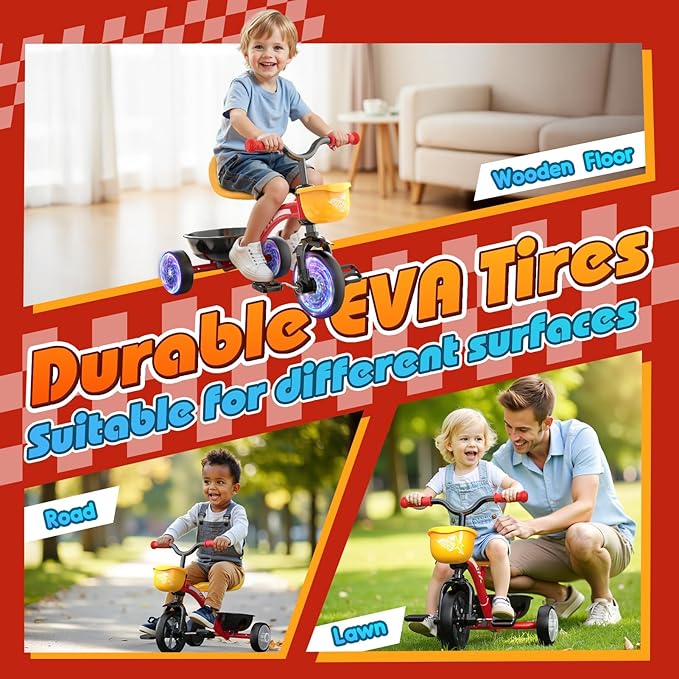 Toddler Tricycle for 1-3 3-5 Year Olds, 2 3 4 5 Year Old Boys Girls Birthday Gifts, Toddler Baby Bike, Outdoor Toys for Ages 2-4, 4-Level Adjustable Seat, 3 Colorful Lighting Wheels, 2 Baskets