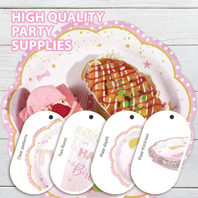 96Pcs Oh Twodles Birthday Party Supplies Girl Cartoon 2nd Mouse Birthday Paper Plates and Napkins Pink Gold Cute 2nd Mouse Theme Bday Decoration for Girls Two Years Old Bday Party Supplies Serves 24