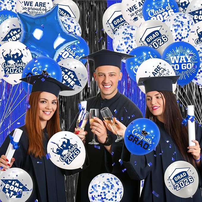 Graduation Balloons Class of 2026: 69Pcs Blue Sliver Balloons for College High School Class of 2026 Graduation Party Decorations -12 Inch