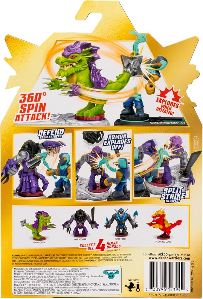 Legends of Akedo Ninja Bosses, Venom Claw, 3" Tall Battling Action Figure with 360˚ Tail Whip and Claw Attack Spin Action, Double Defense Armor That Pops Off When Struck, 4 Ninja Bosses to Collect