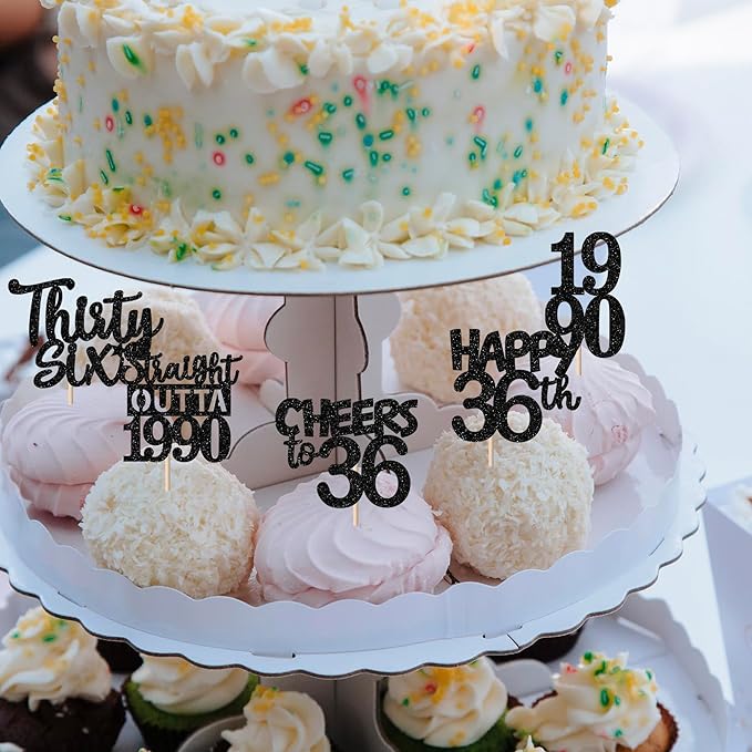 30PCS Black 36th Birthday Cupcake Toppers Glitter Thirty Six Happy 36th Straight Outta 1990 Cupcake Picks for Cheers to 36 Years Birthday Wedding Anniversary Party Cake Decorations Supplies