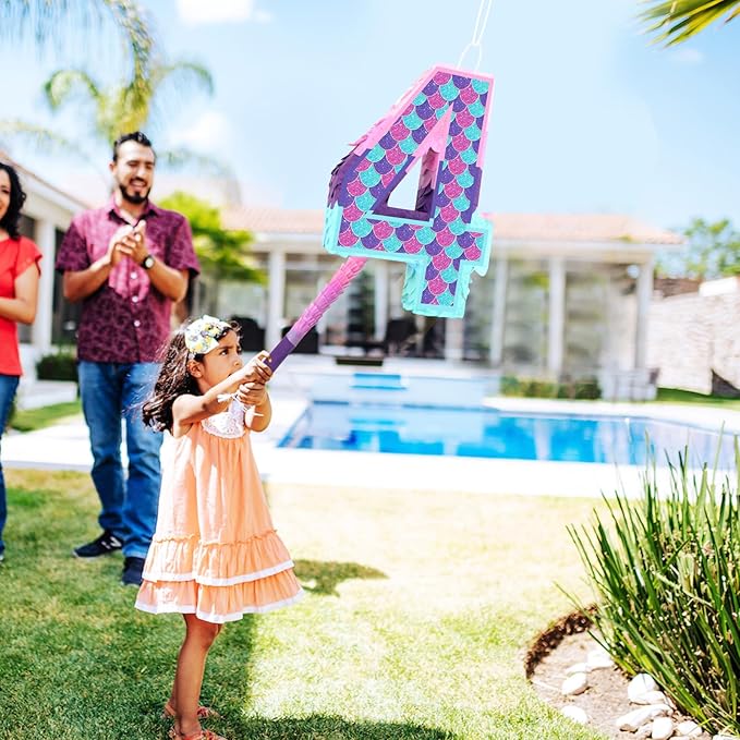 Mermaid Number 4 Pinata with Stick Blindfold for Girl 4th Birthday Party Decoration Colorful Paper Flaver Anniversary Celebration for Children's Ocean Mermaid Theme Carnival Event Decoration