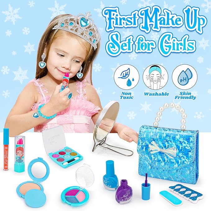 Frozen Toys Makeup & Dress Up Set for Girls 3 4 5 6 Year Old Kids Makeup Kit Princess Real Make up Pretend Play Toy Frozen Costumes Nail Polish Set Birthday Gifts for Girls Toddlers Ages 3-5 4-7 6-8