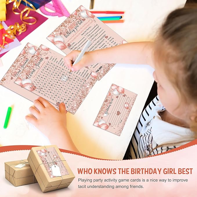 Fumete 100 Pcs Who Knows The Birthday Girl Best Cards with 20 Pre Pointed Pencils Set for 20 Guests, Girls Birthday Night Game Ideas, Girls Her Sleepover Party Supplies, 4 Activities(Balloon)