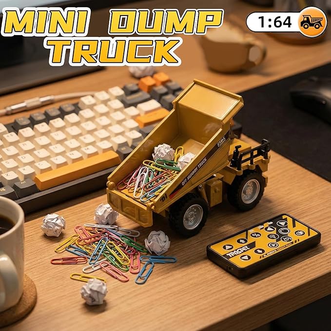 1:64 Mini RC Dump Truck Toy, Alloy Metal Construction Vehicle with App & Remote Dual Control, Variable Speed, LED Lights & Sound, RC Engineering Car Gift for Kids & Adults
