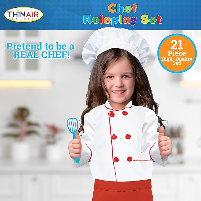 Chef Costume for Kids Ages 3-6 | 21-Piece Kids' Dress Up & Pretend Play Set Includes Jacket, Hat, Apron, Bowl, 2 Eggs, Utensils, Cookie Cutters